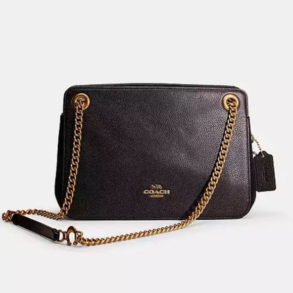Coach Black Leather Shoulder Bag with Gold Chain - Picture 1 of 8